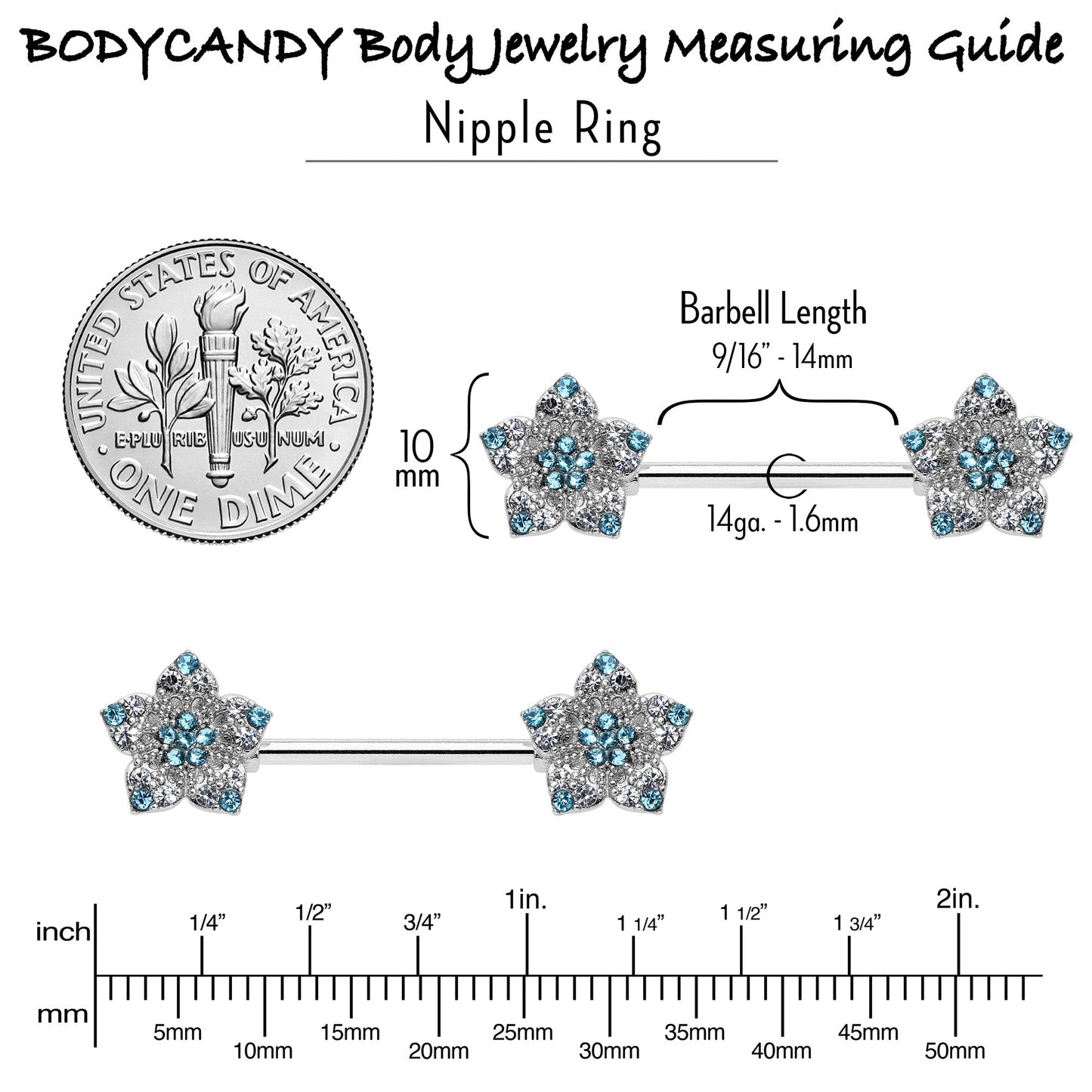 14G 9/16 Blue Clear Gem Opulent Flowers Barbell Nipple Ring Set