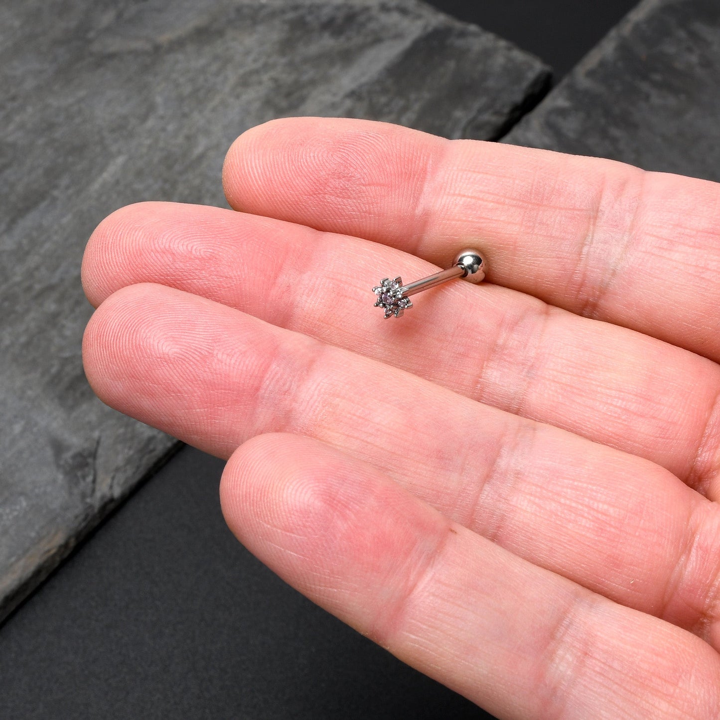 Pink Clear Gem Stylish Snowflake Barbell Tongue Ring