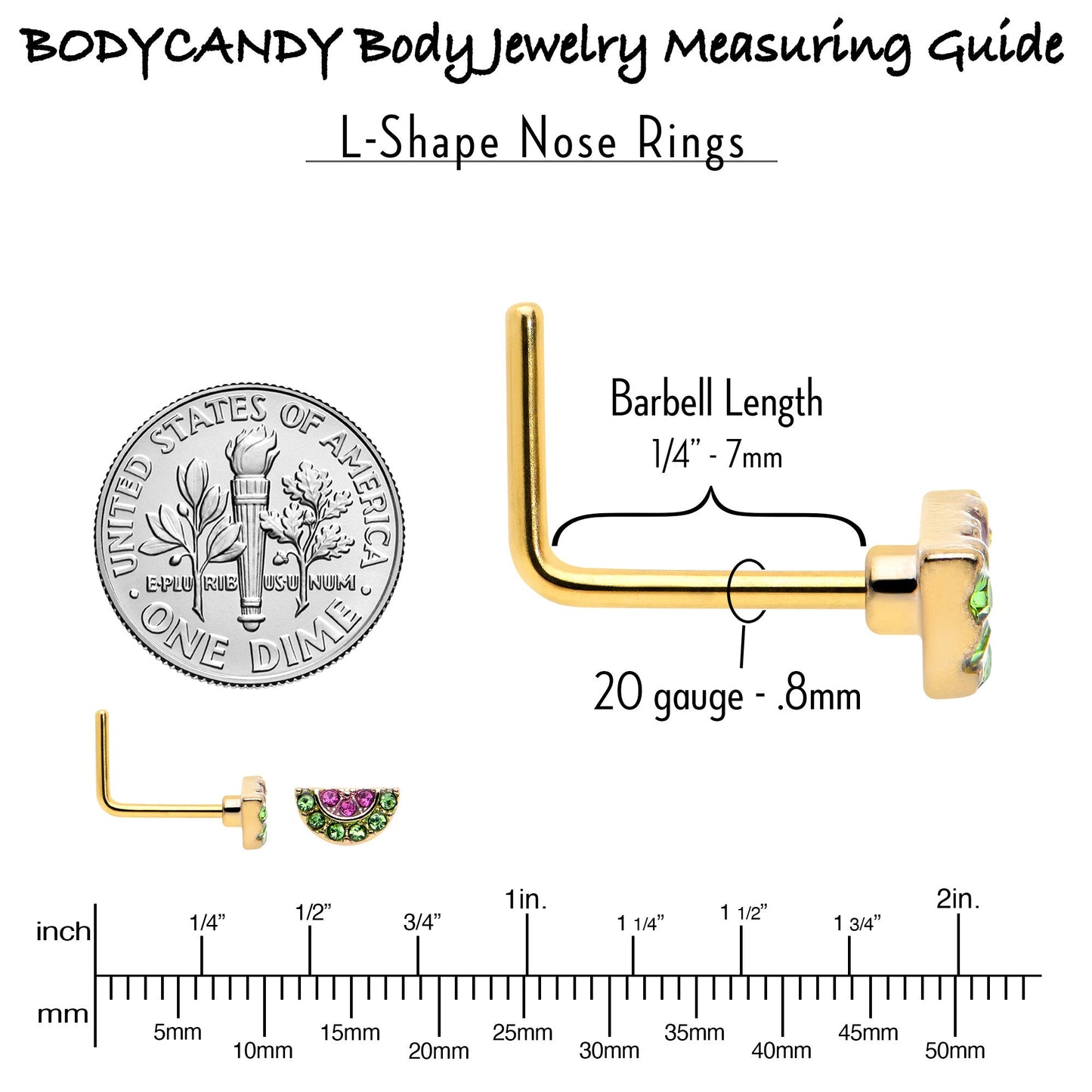 20G 7mm Pink Gem Gold Tone Watermelon Yum L Shape Nose Ring