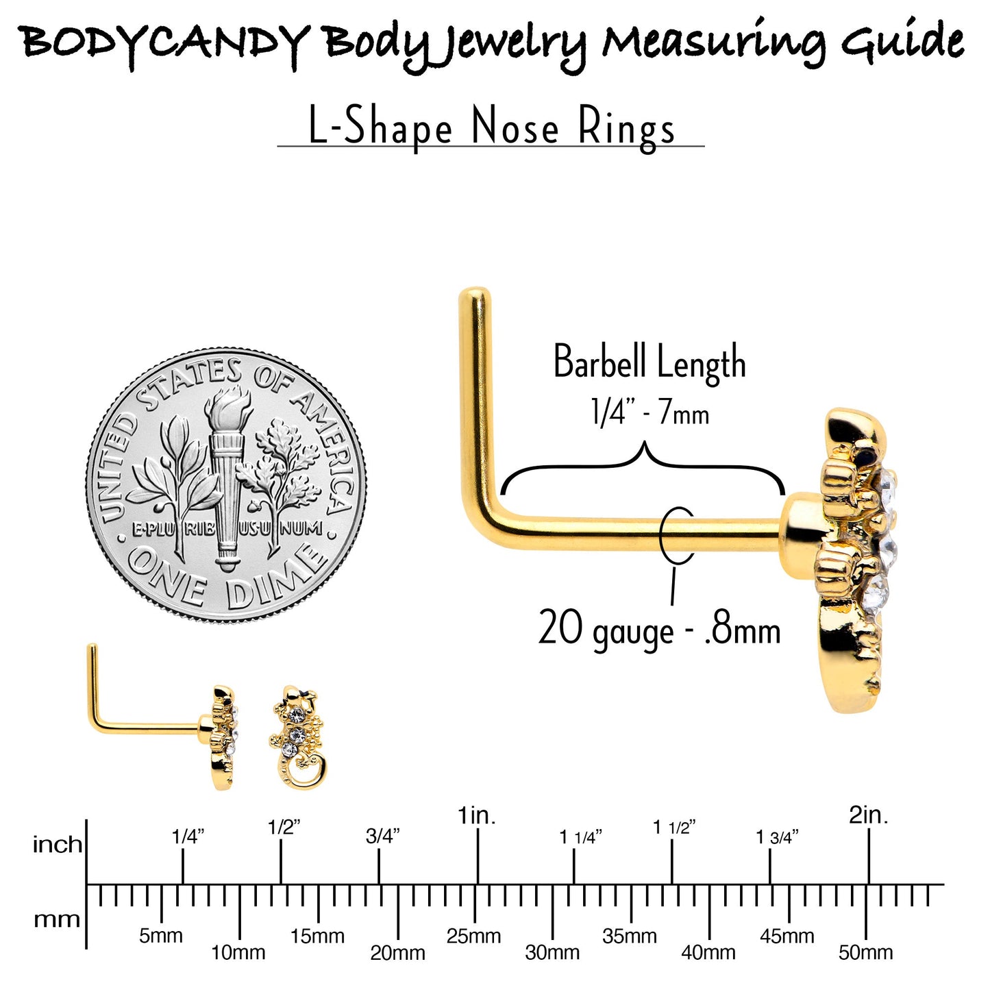 20G 7mm Clear Gem Gold Tone Luscious Lizard L Shape Nose Ring