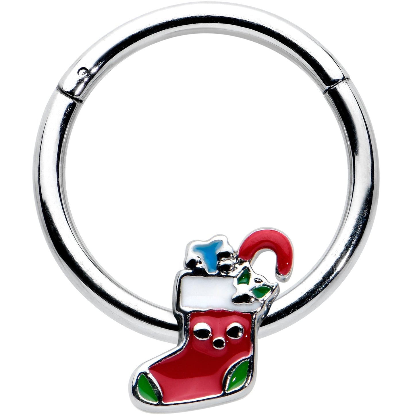 16G 3/8 Happy Christmas Stocking Red Green Hinged Segment Ring