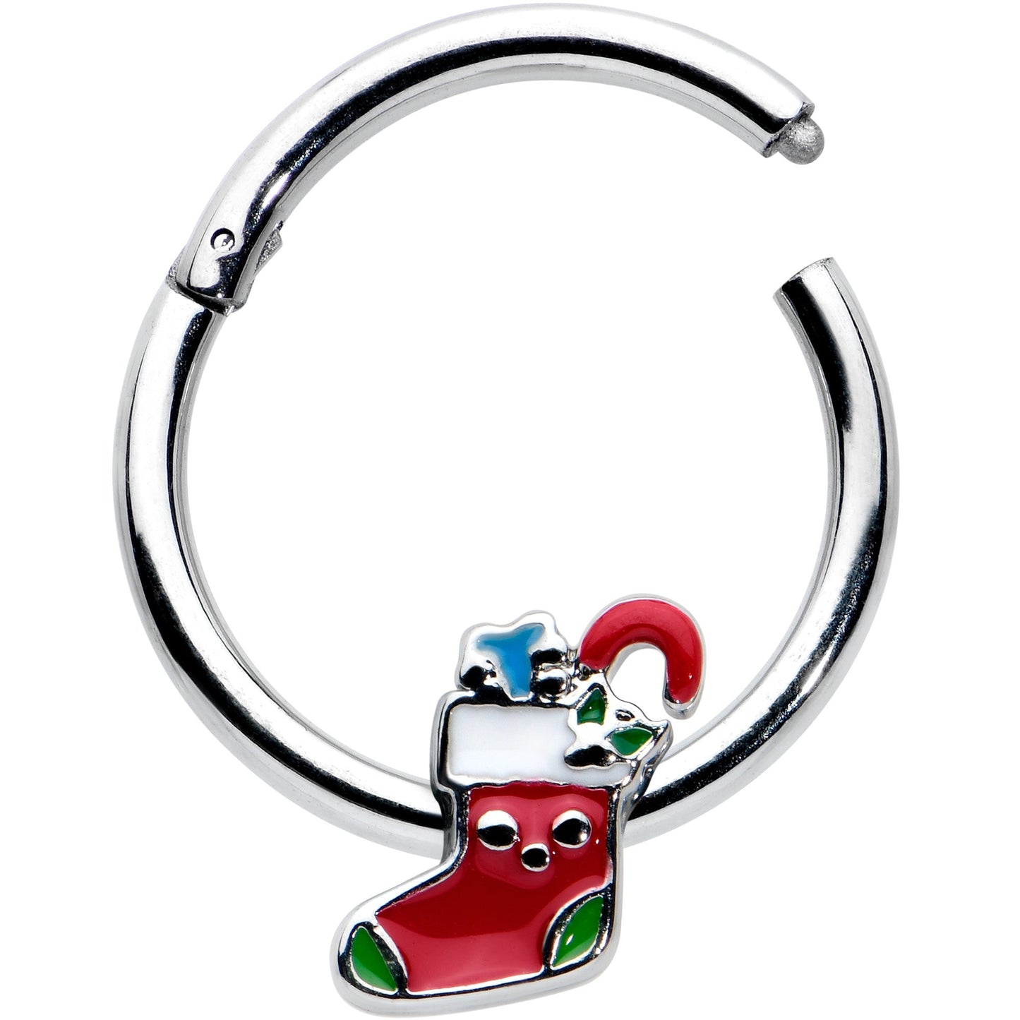 16G 3/8 Happy Christmas Stocking Red Green Hinged Segment Ring