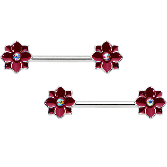 14G 9/16 Aurora Gem Poinsettia Flower Barbell Nipple Ring Set