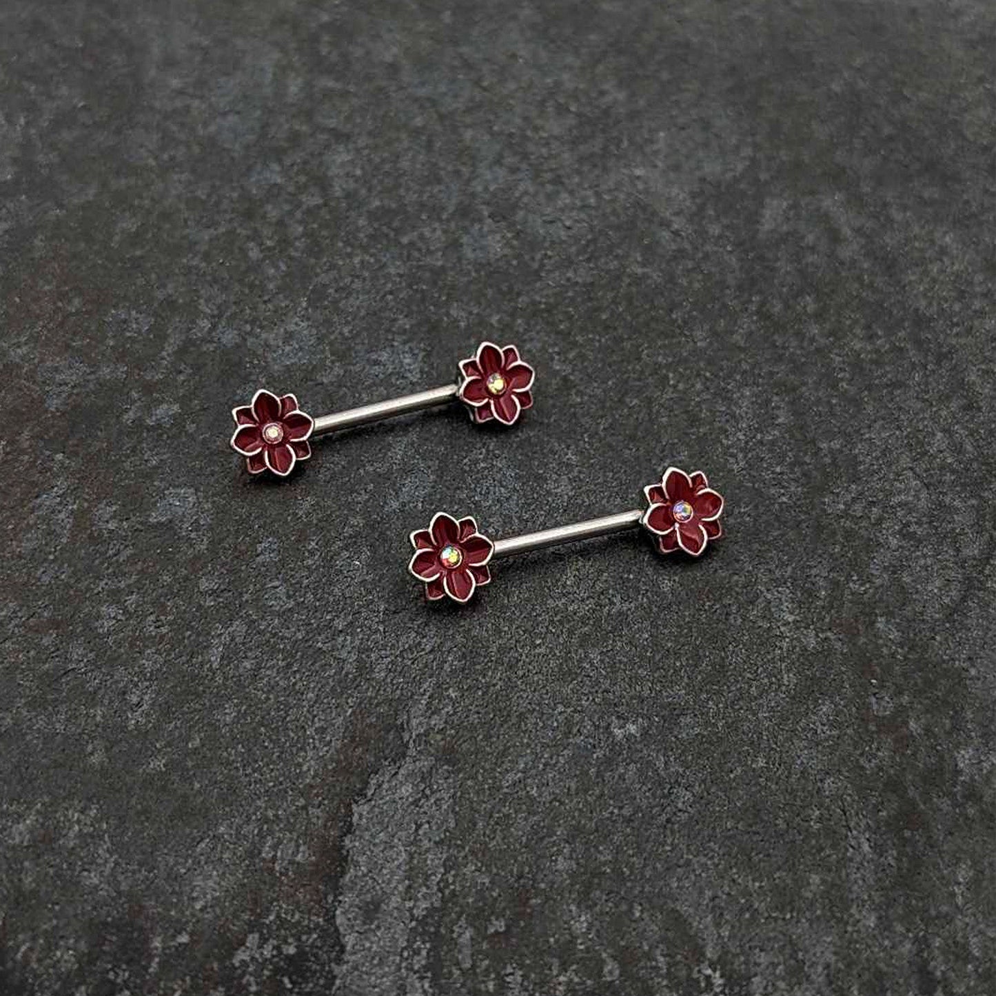 14G 9/16 Aurora Gem Poinsettia Flower Barbell Nipple Ring Set