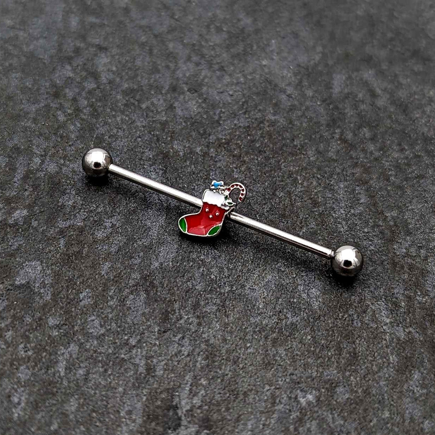 14G Happy Christmas Stocking Red Green Industrial Barbell 38mm