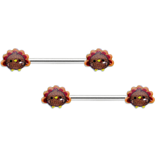 14G 9/16 Cute Colorful Turkeys Barbell Nipple Ring Set