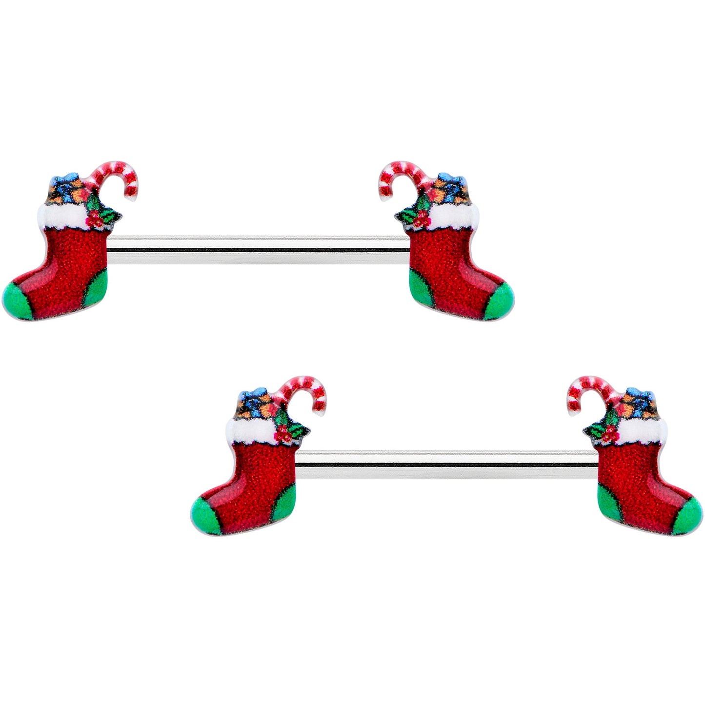 14G 9/16 Cheery Christmas Stocking Red Barbell Nipple Ring Set