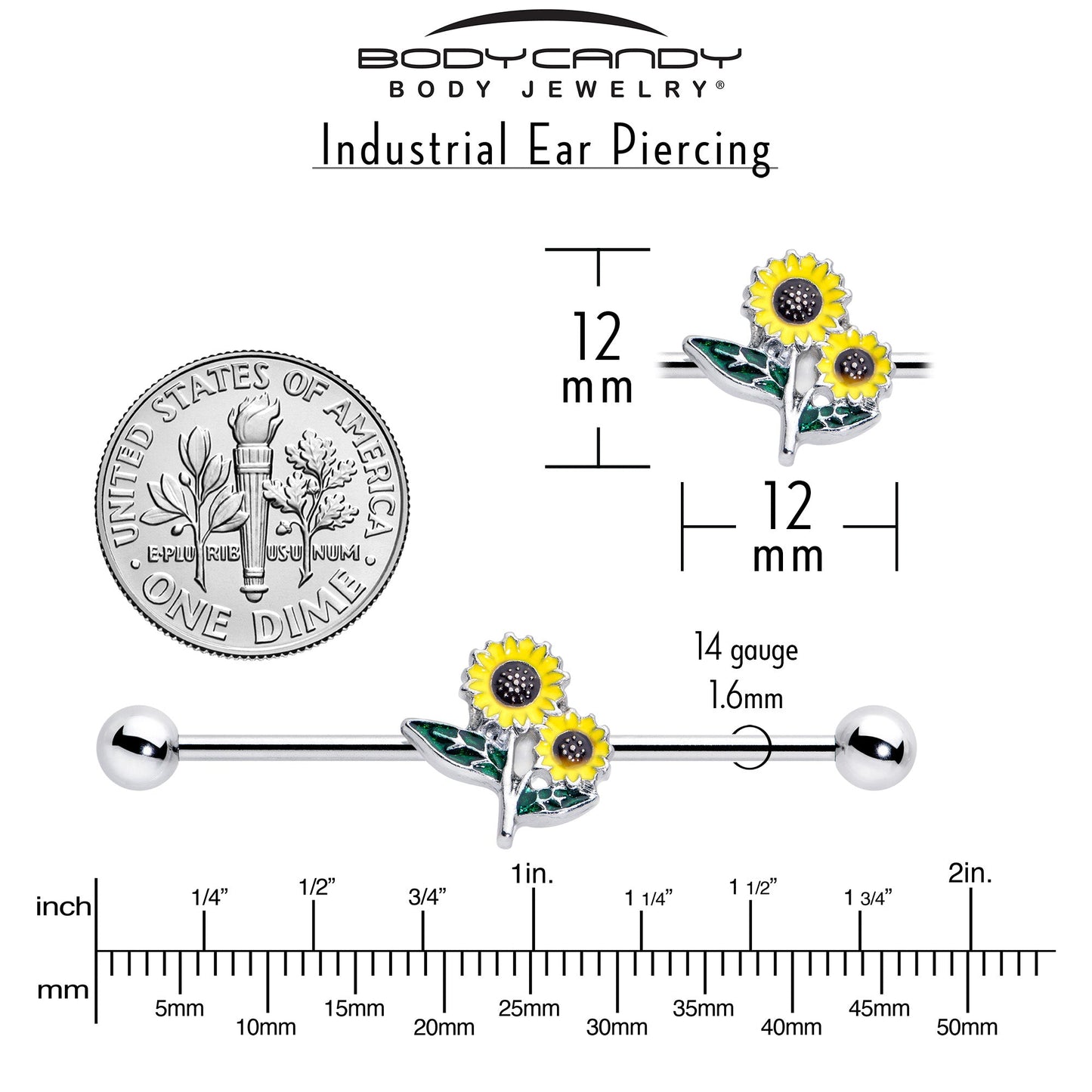 14G Cheery Inlay Sunflowers Industrial Barbell 38mm