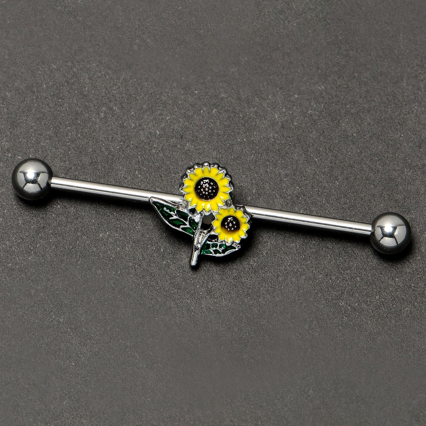 14G Cheery Inlay Sunflowers Industrial Barbell 38mm