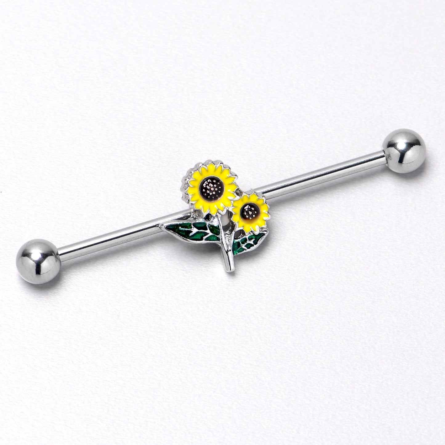 14G Cheery Inlay Sunflowers Industrial Barbell 38mm