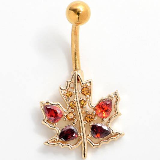 Red Yellow Gem Gold Tone Maple Leaf Autumn Belly Ring