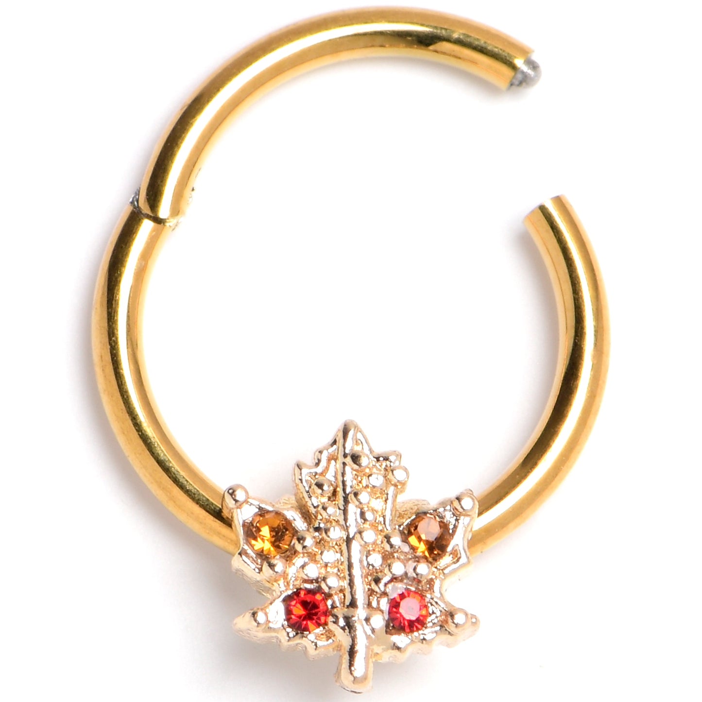 16G 3/8 Red Yellow Gem Gold Tone Maple Leaf Hinged Segment Ring
