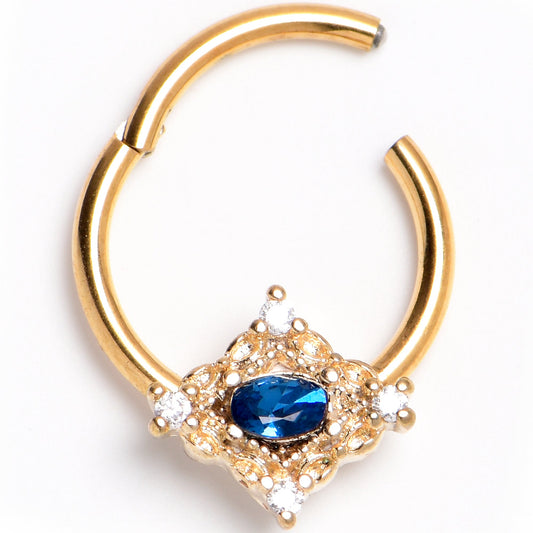 16G 3/8 Blue Gem Gold Tone Rich Rhombus Hinged Segment Ring