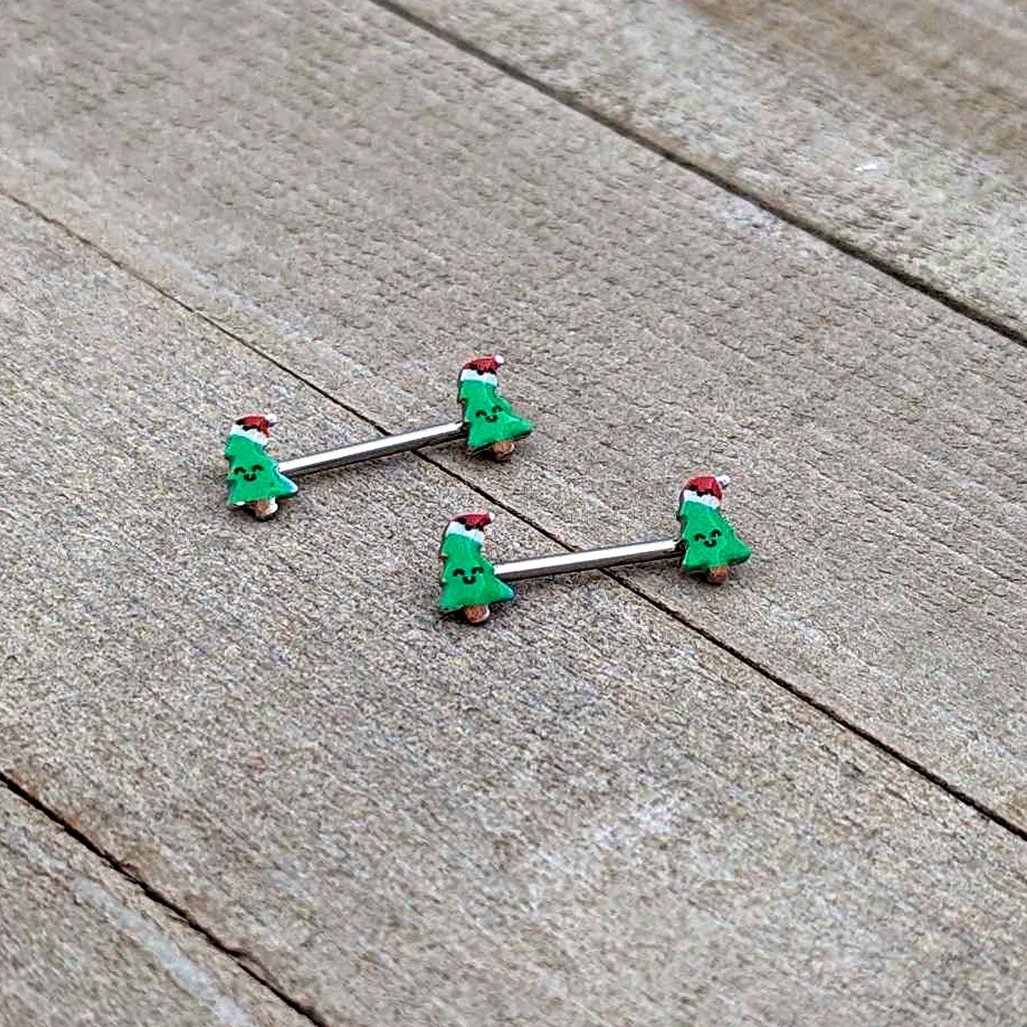 14G 9/16 Happy Christmas Tree Hat Barbell Nipple Ring Set