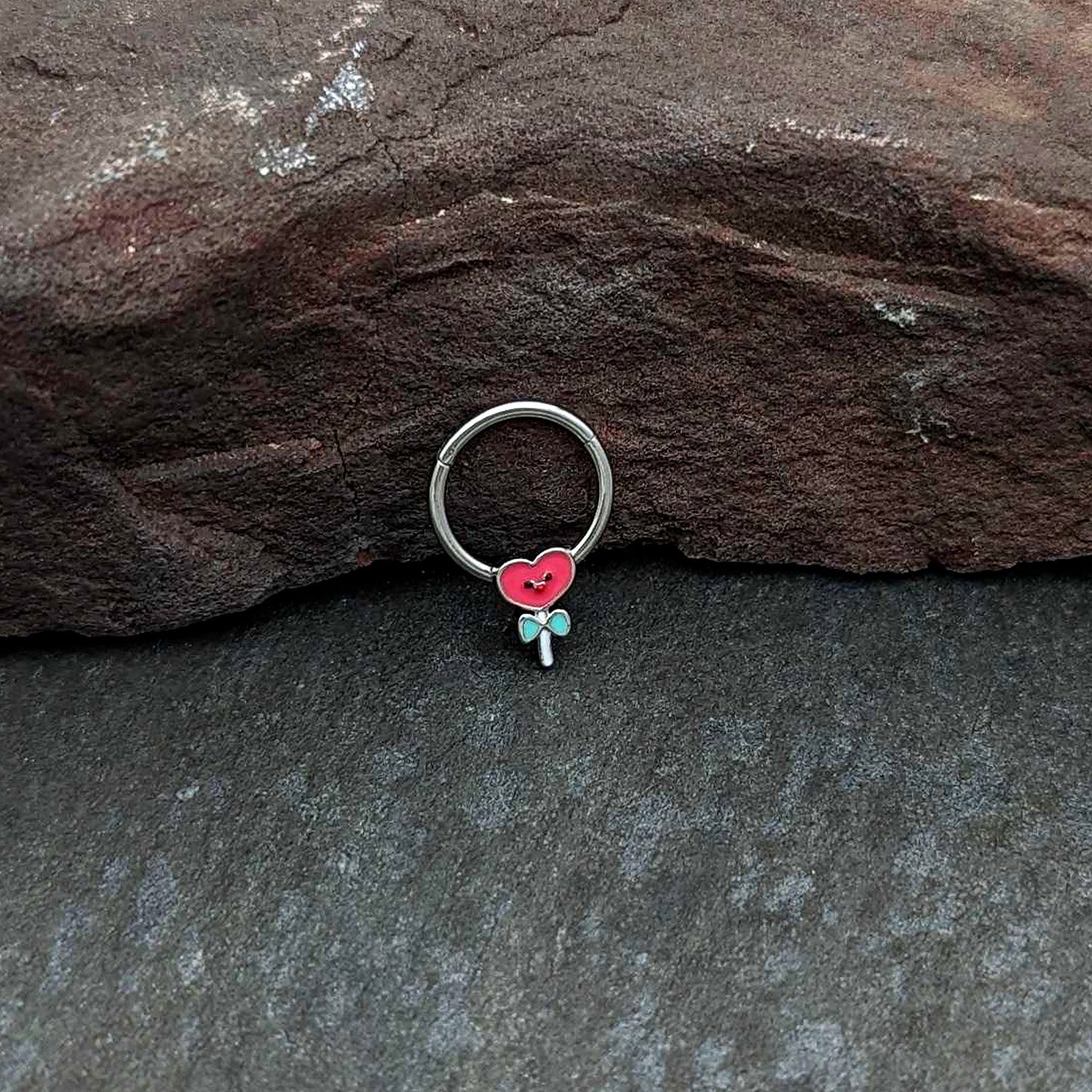 16G 3/8 Sweet Happy Heart Lollipop Hinged Segment Ring