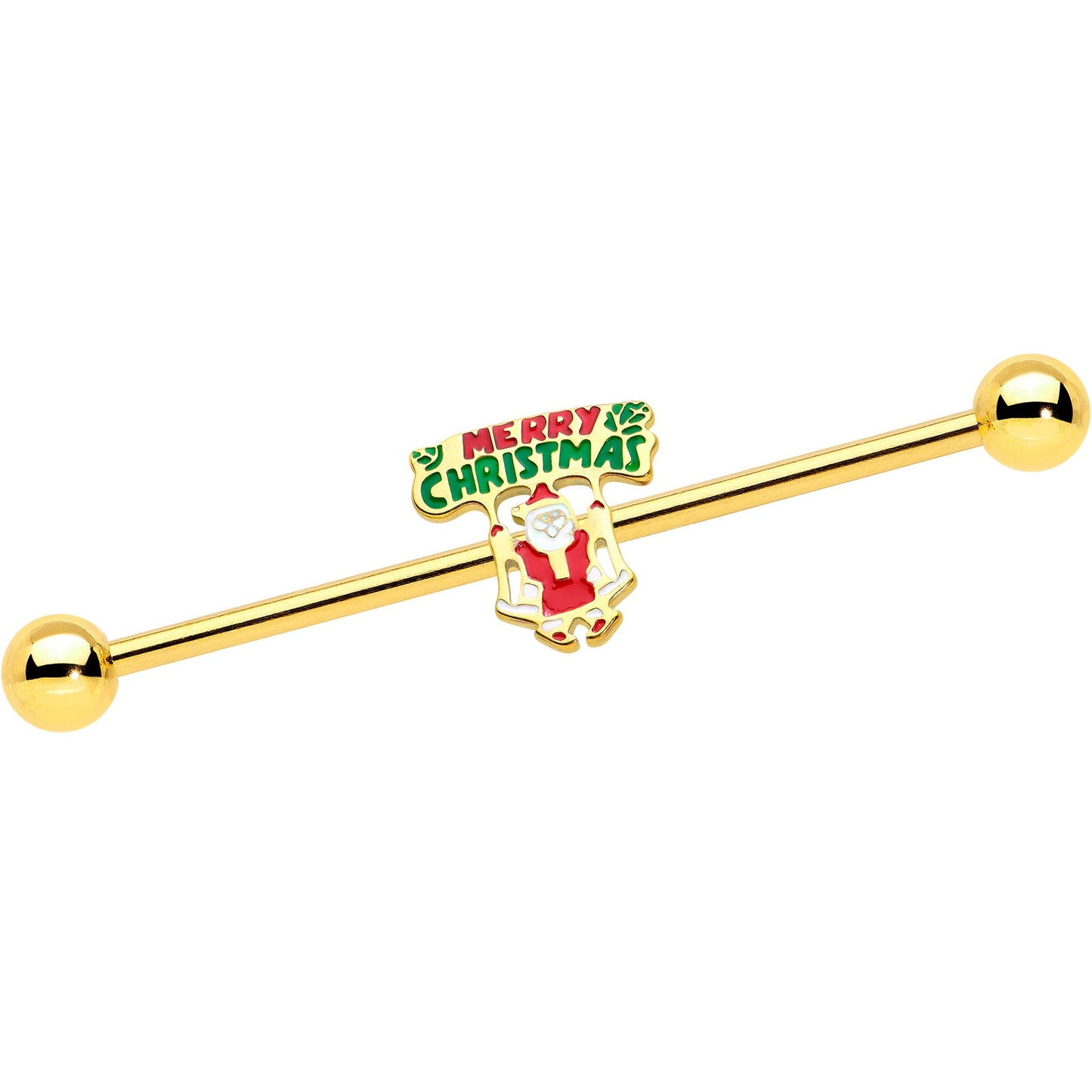 14G Gold Hue Merry Christmas Santa Inlaid Industrial Barbell 38mm