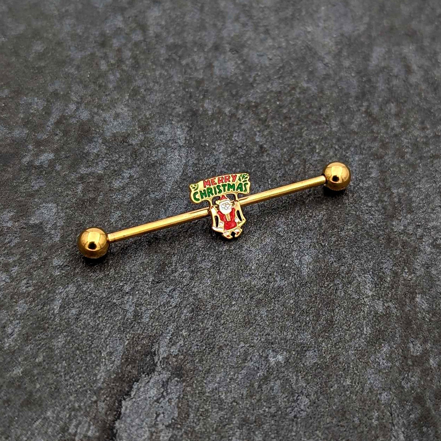 14G Gold Hue Merry Christmas Santa Inlaid Industrial Barbell 38mm