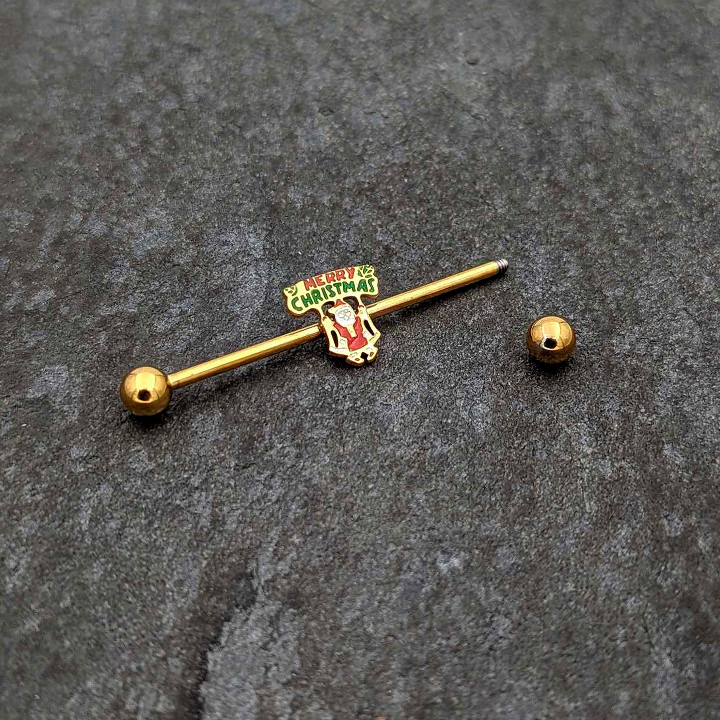 14G Gold Hue Merry Christmas Santa Inlaid Industrial Barbell 38mm