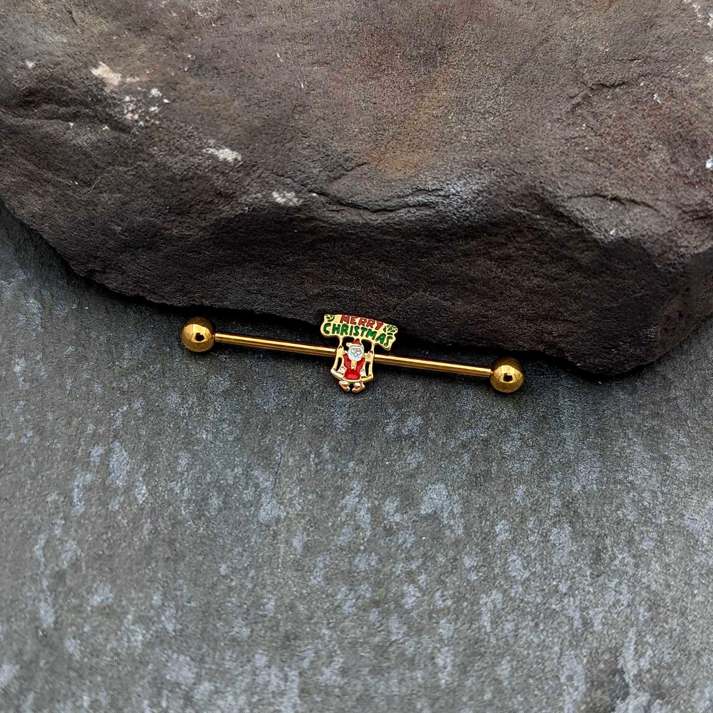 14G Gold Hue Merry Christmas Santa Inlaid Industrial Barbell 38mm