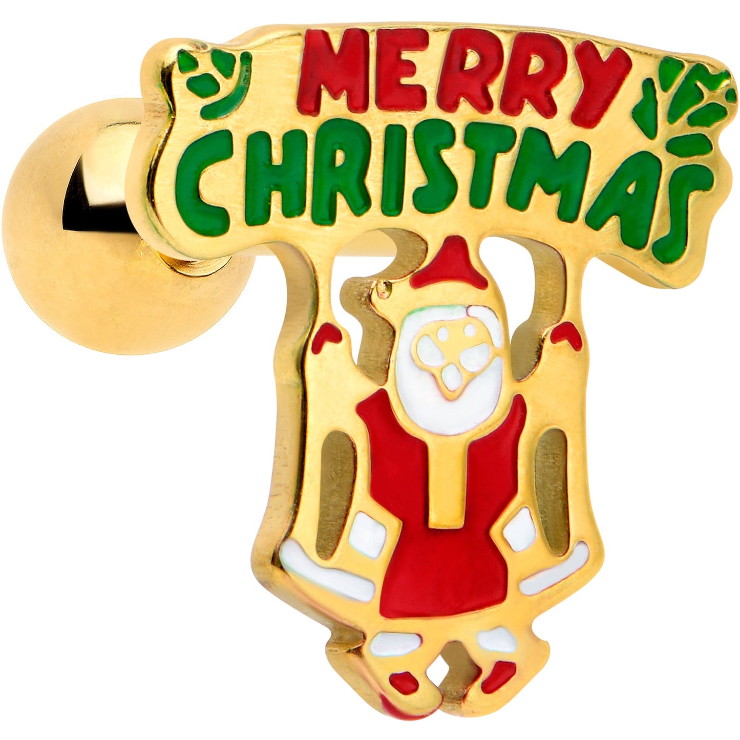 16G 1/4 Gold Tone Merry Christmas Santa Inlay Cartilage Earring