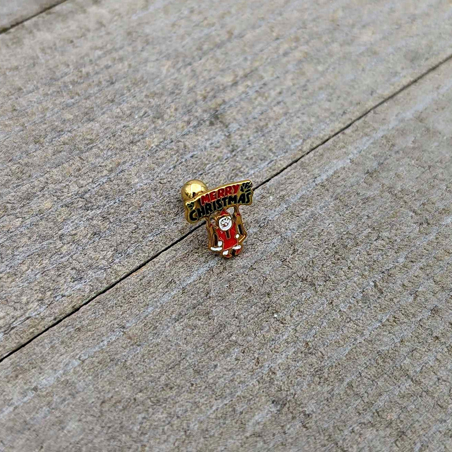 16G 1/4 Gold Tone Merry Christmas Santa Inlay Cartilage Earring