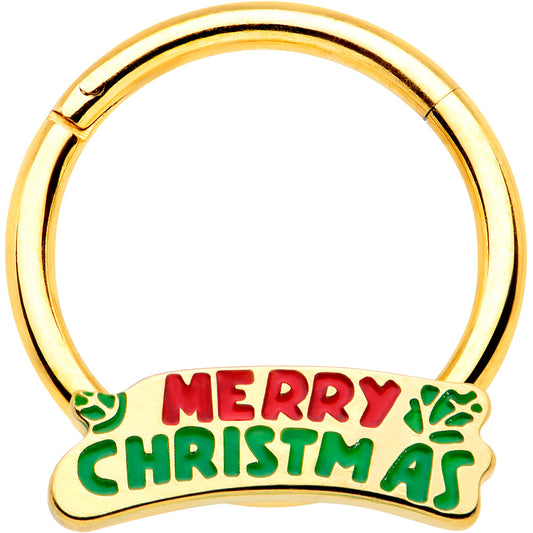 16G 3/8 Gold Tone Merry Christmas Inlay Hinged Segment Ring
