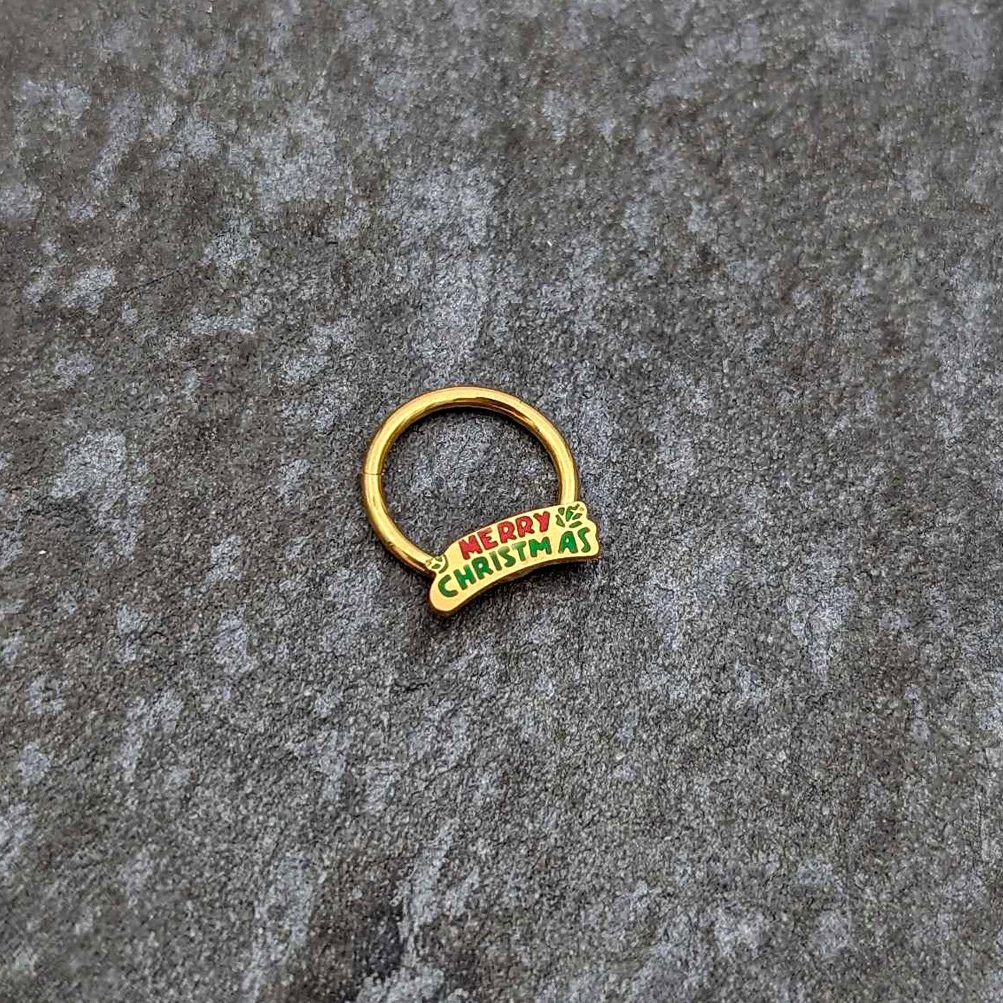 16G 3/8 Gold Tone Merry Christmas Inlay Hinged Segment Ring