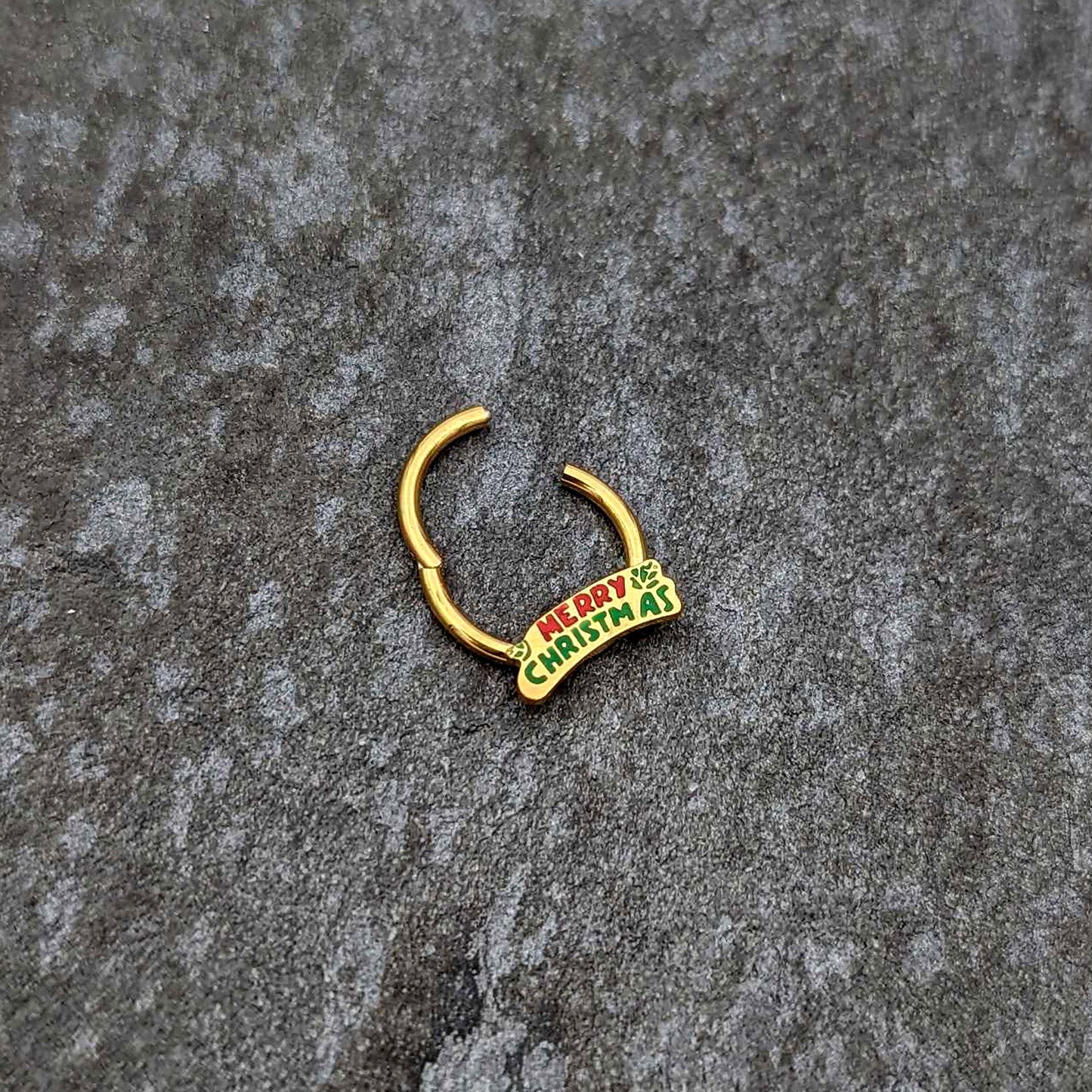 16G 3/8 Gold Tone Merry Christmas Inlay Hinged Segment Ring