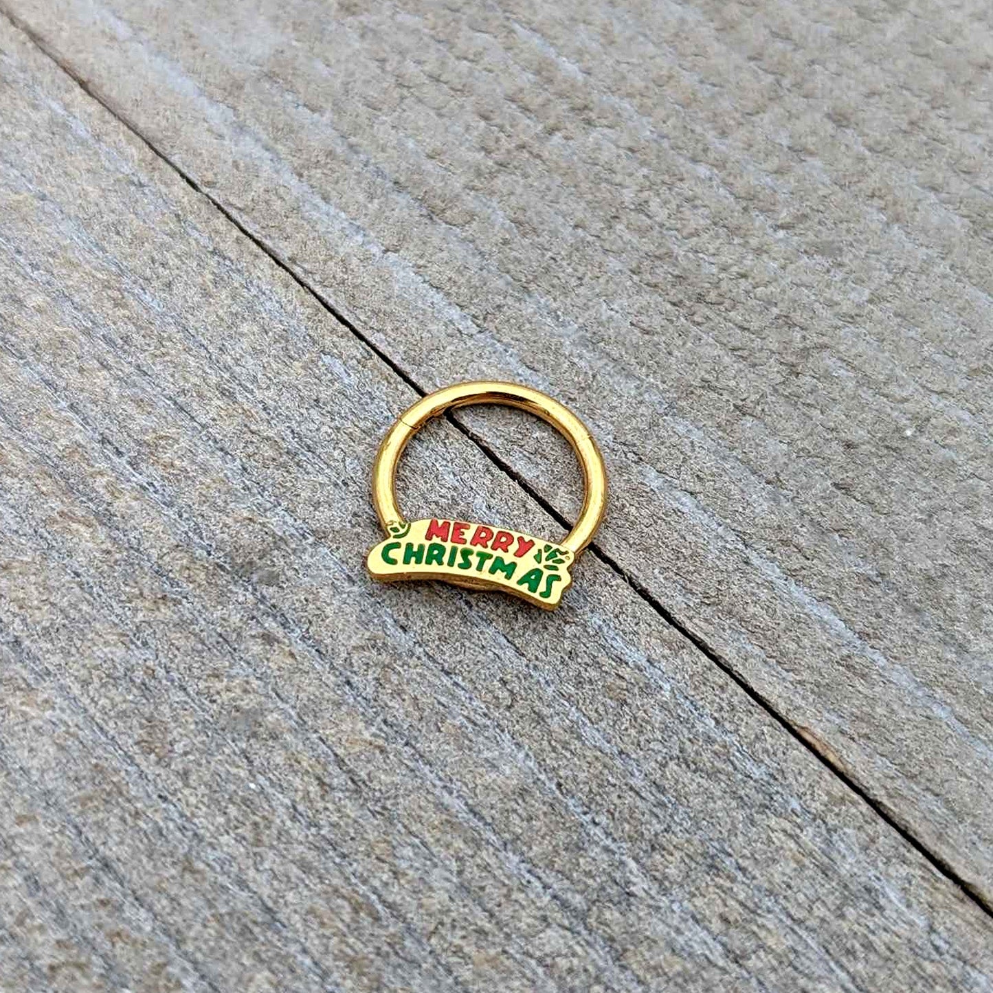16G 3/8 Gold Tone Merry Christmas Inlay Hinged Segment Ring