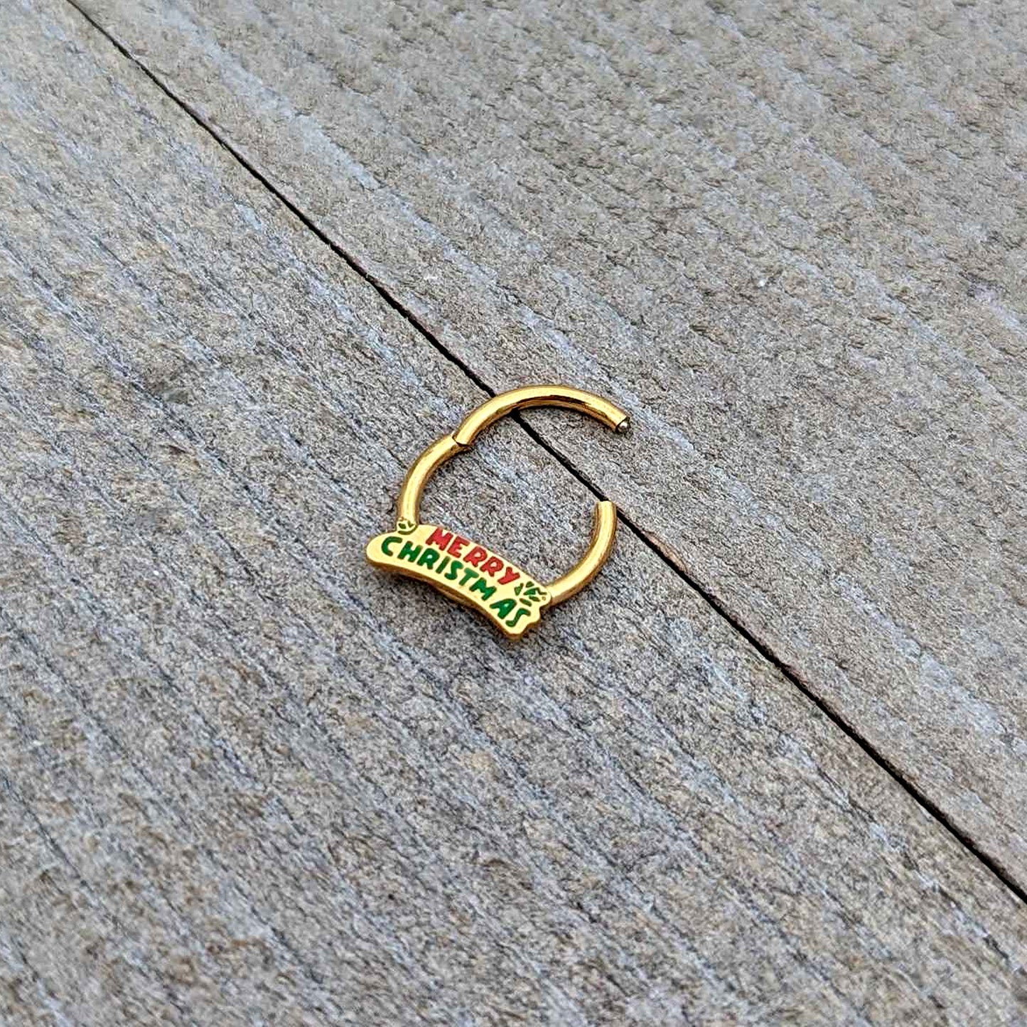 16G 3/8 Gold Tone Merry Christmas Inlay Hinged Segment Ring