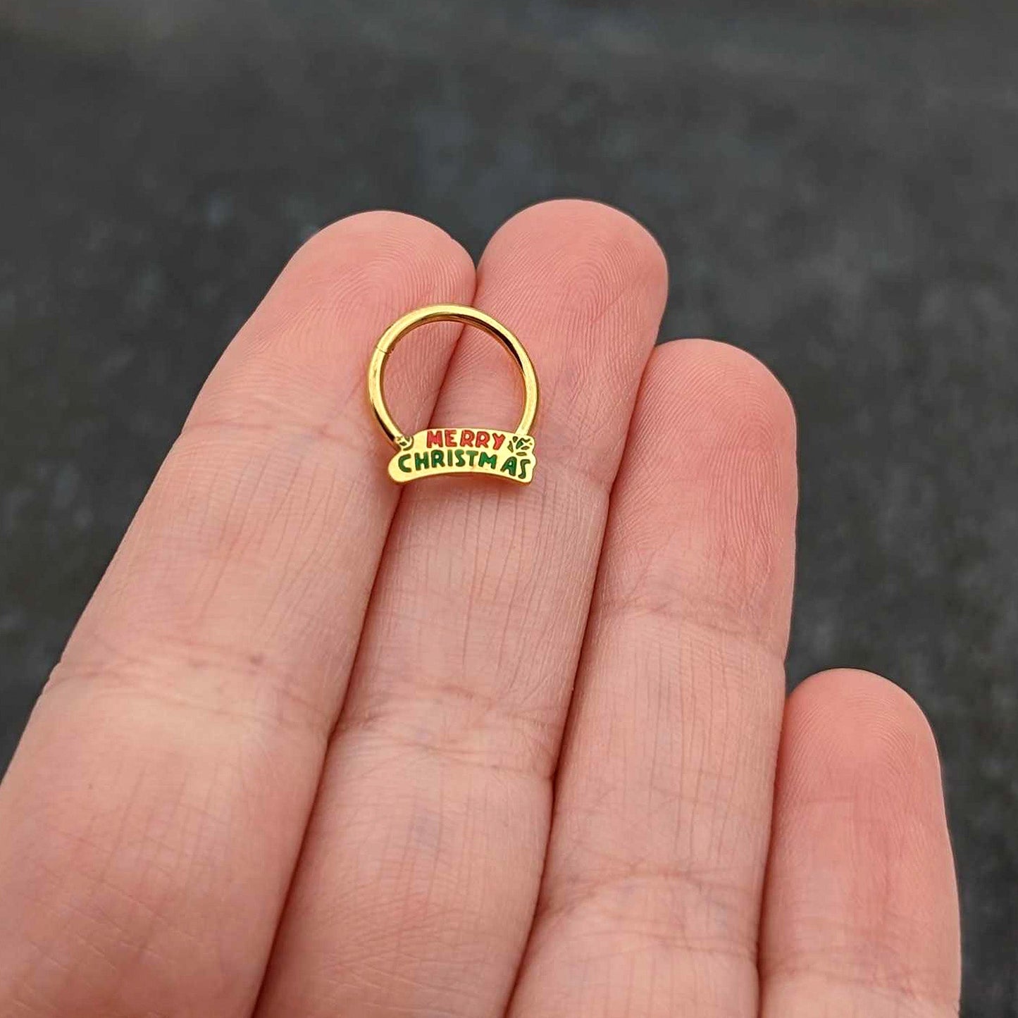 16G 3/8 Gold Tone Merry Christmas Inlay Hinged Segment Ring