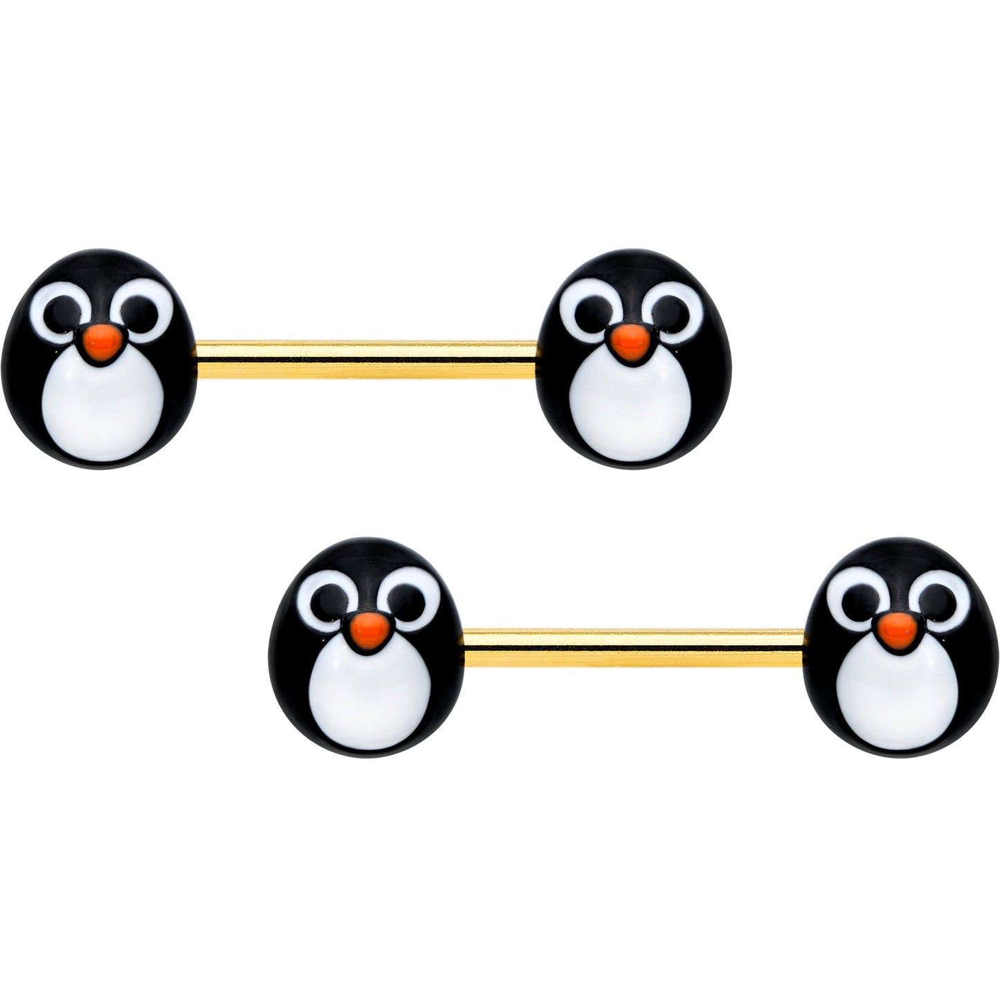 14G 9/16 Gold Tone Round Penguin Face Barbell Nipple Ring Set