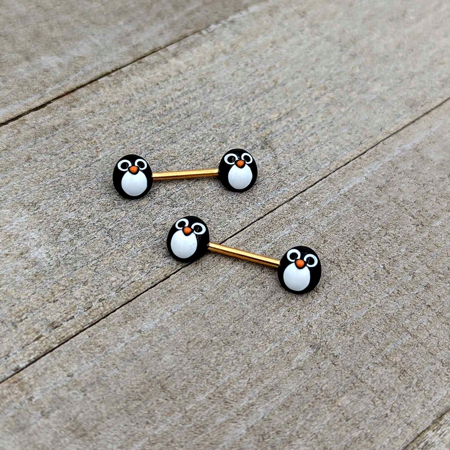 14G 9/16 Gold Tone Round Penguin Face Barbell Nipple Ring Set