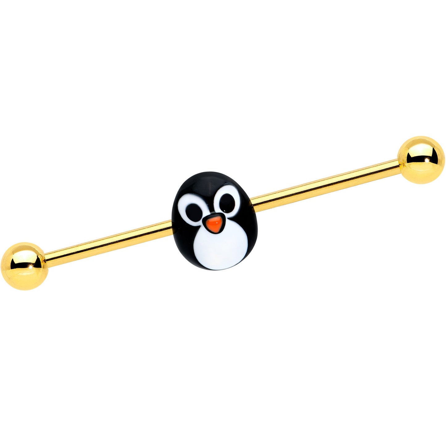 14G Gold Tone Round Penguin Face Holiday Industrial Barbell 38mm