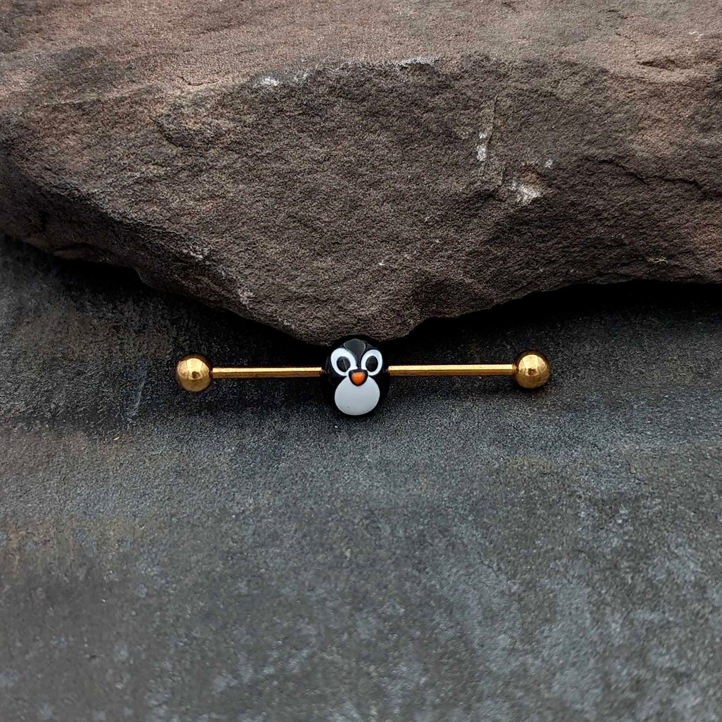 14G Gold Tone Round Penguin Face Holiday Industrial Barbell 38mm