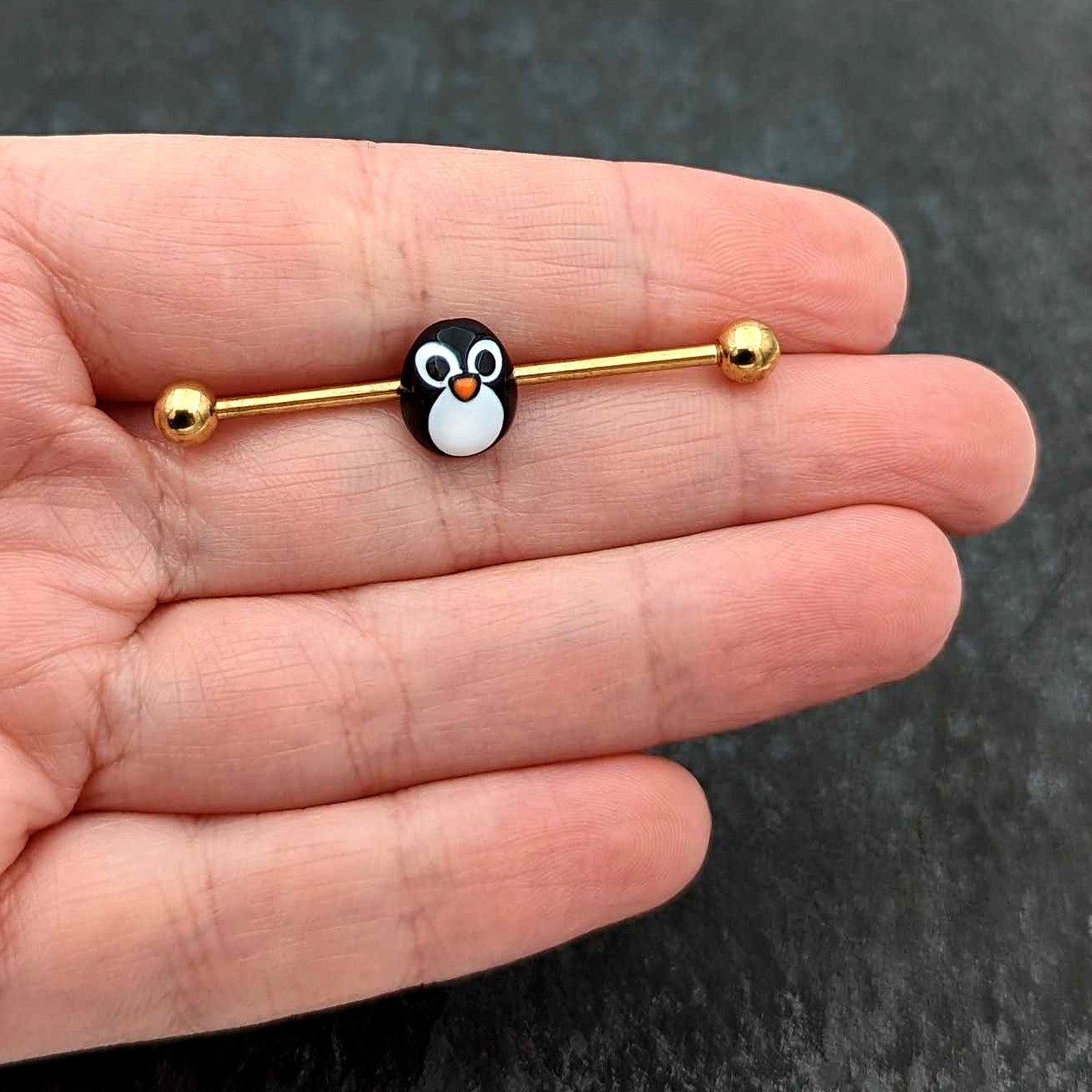 14G Gold Tone Round Penguin Face Holiday Industrial Barbell 38mm