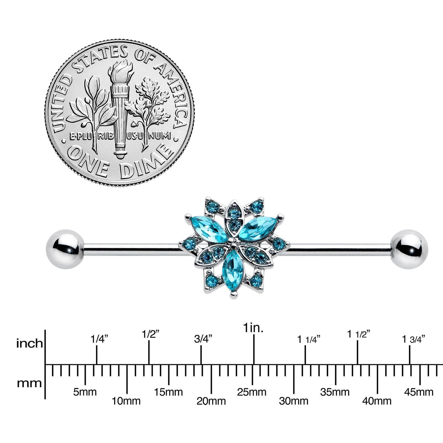 14G Blue CZ Gem Ornate Snowflake Industrial Barbell 38mm