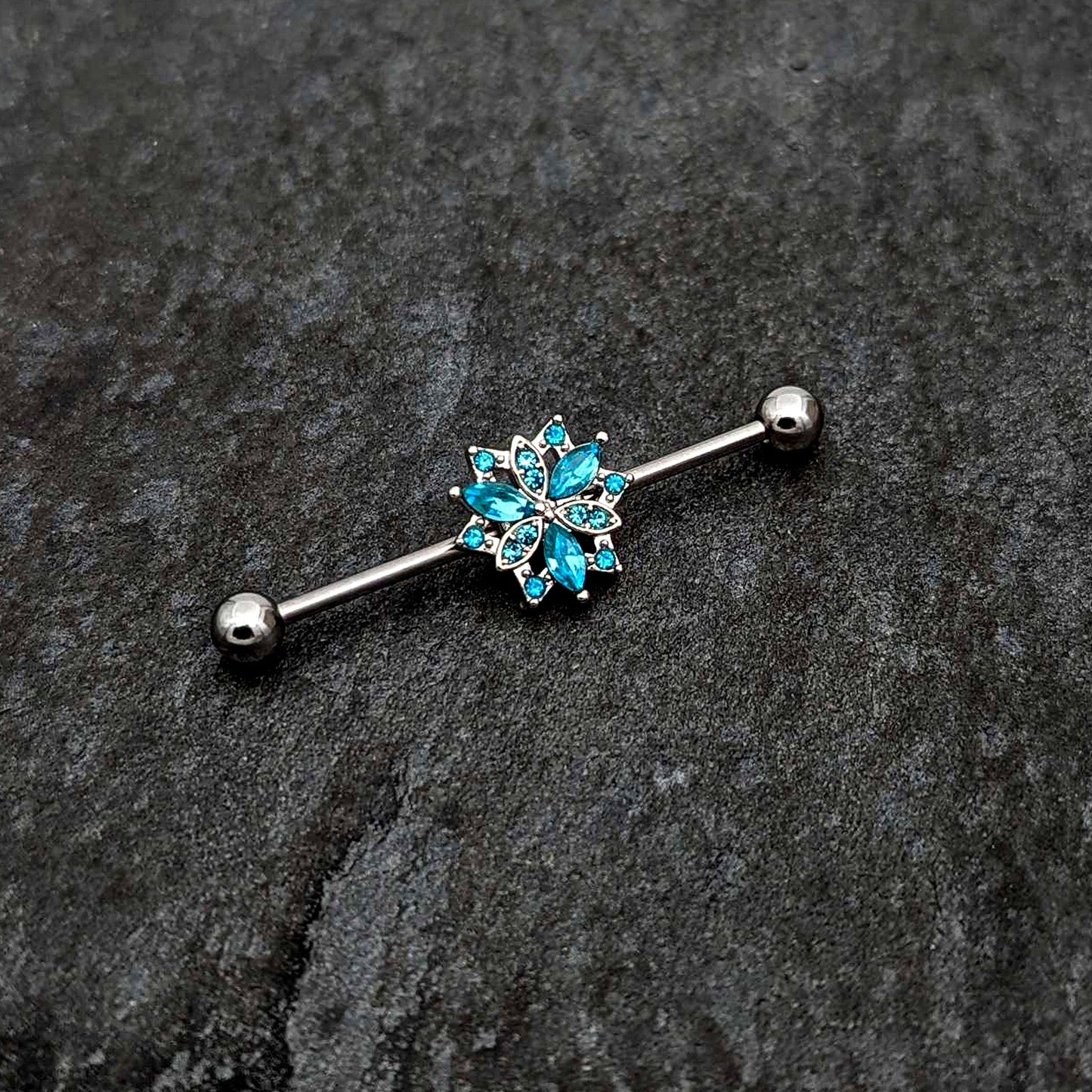 14G Blue CZ Gem Ornate Snowflake Industrial Barbell 38mm