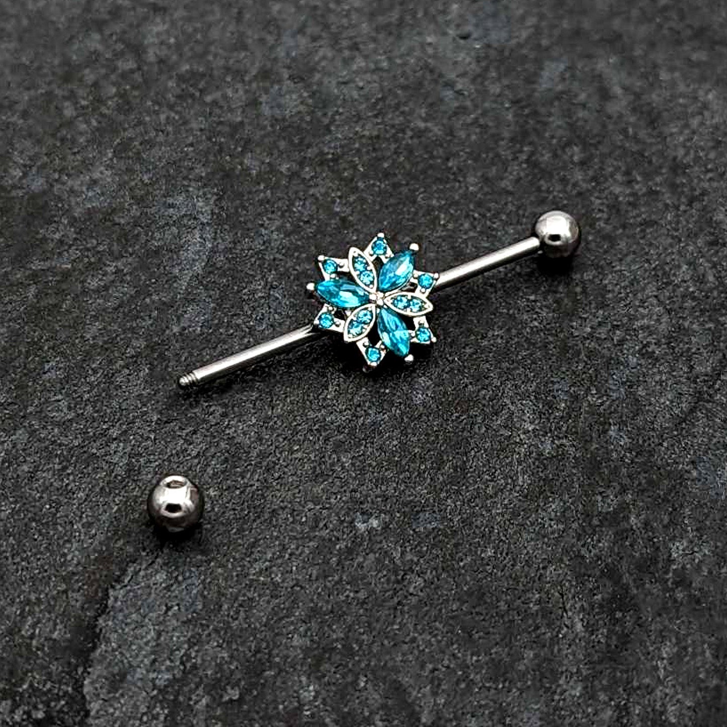 14G Blue CZ Gem Ornate Snowflake Industrial Barbell 38mm