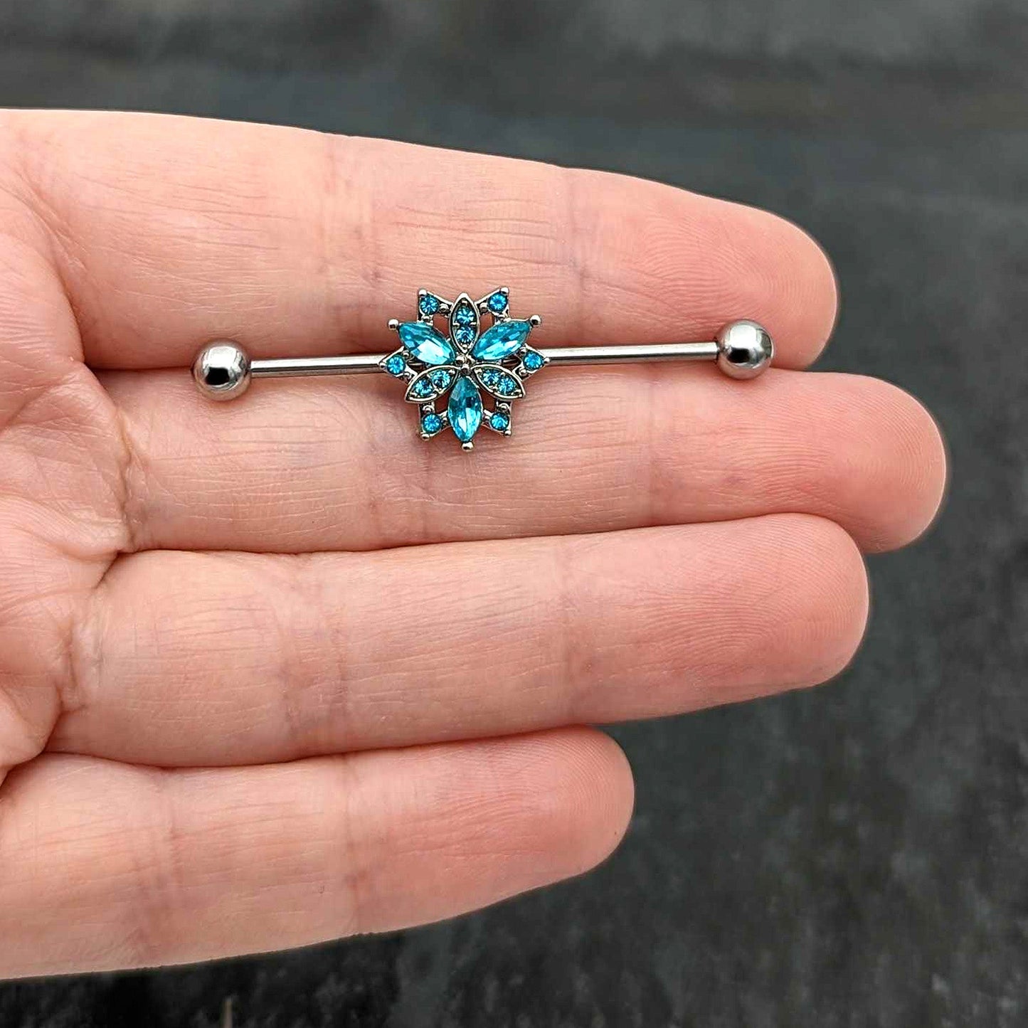 14G Blue CZ Gem Ornate Snowflake Industrial Barbell 38mm