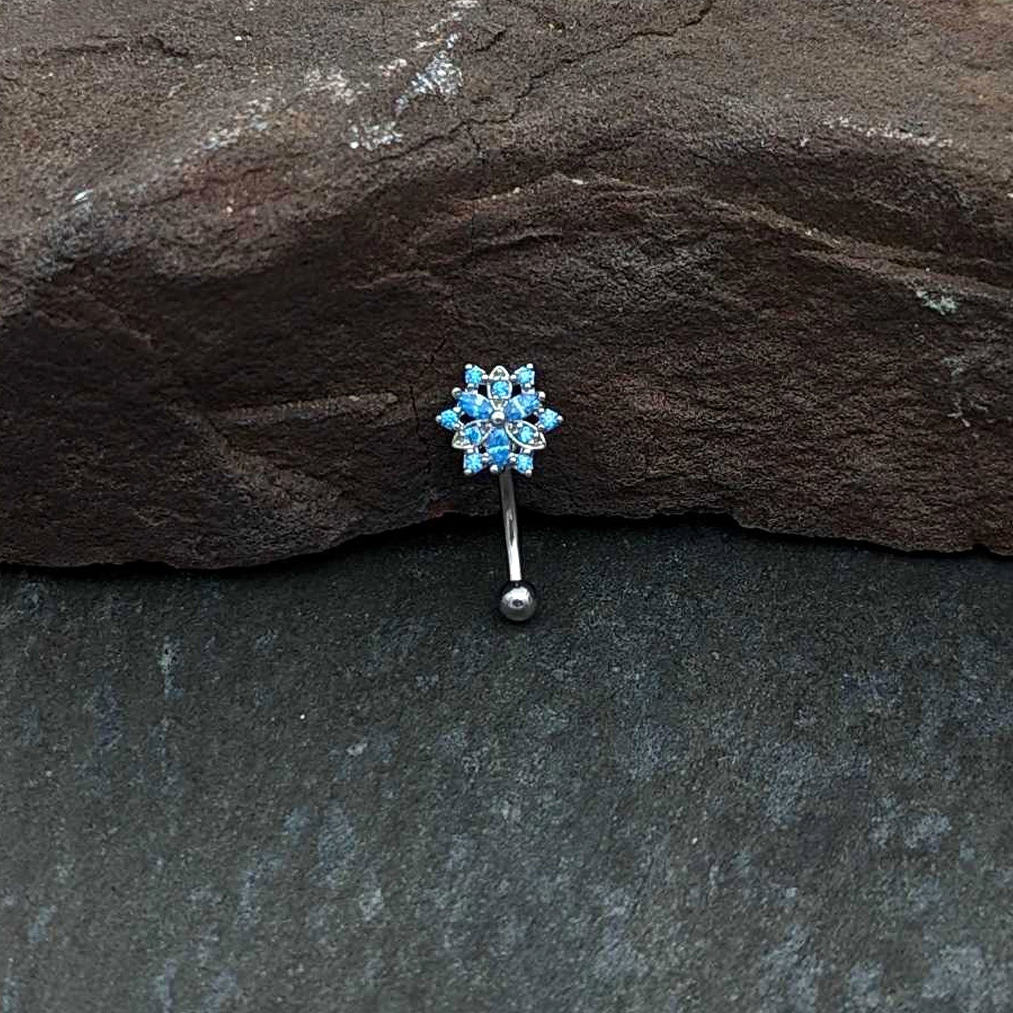 16G 5/16 Blue CZ Gem Snowflake Blues Curved Eyebrow Ring