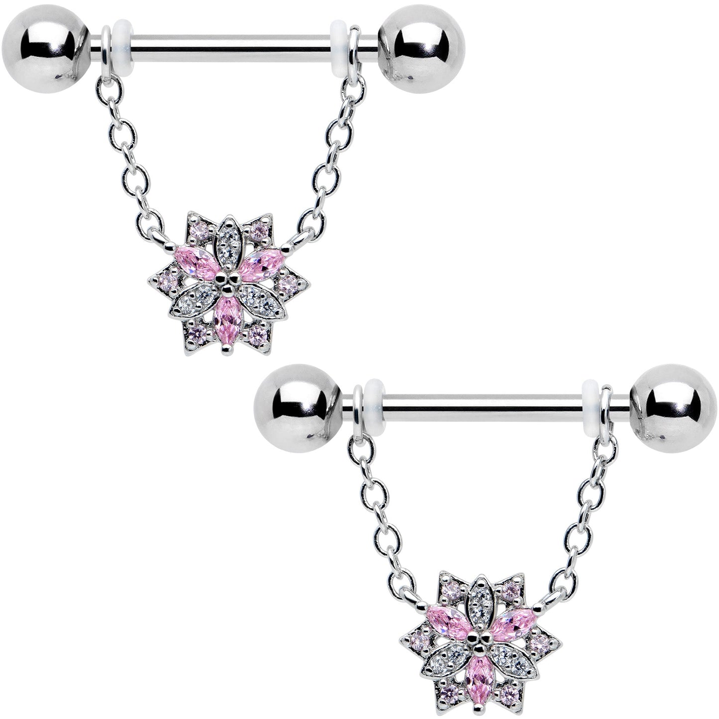 14G 9/16 Pink Clear CZ Gem Snowflake Chain Dangle Nipple Ring Set
