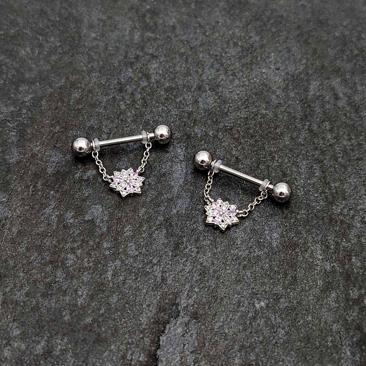14G 9/16 Pink Clear CZ Gem Snowflake Chain Dangle Nipple Ring Set