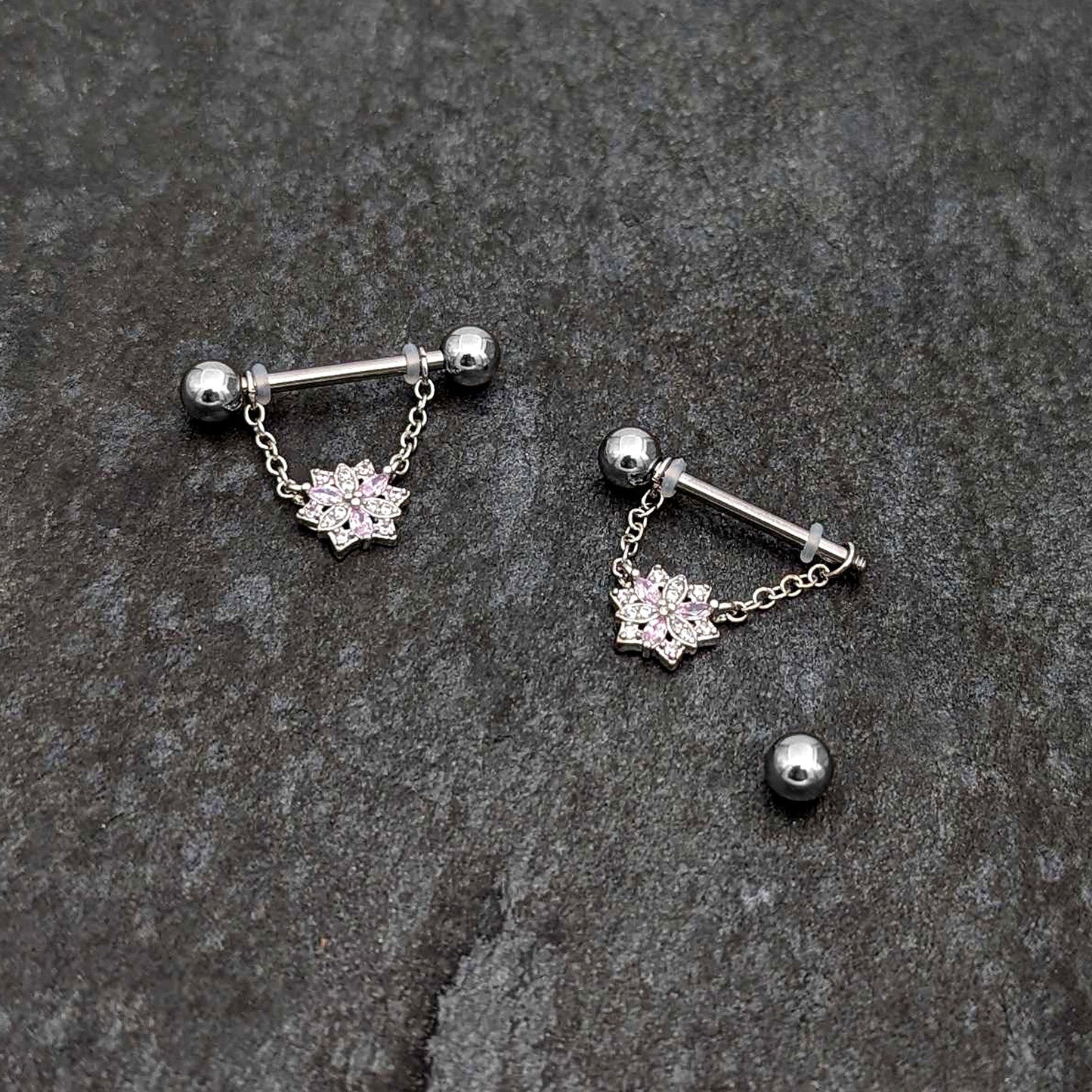 14G 9/16 Pink Clear CZ Gem Snowflake Chain Dangle Nipple Ring Set