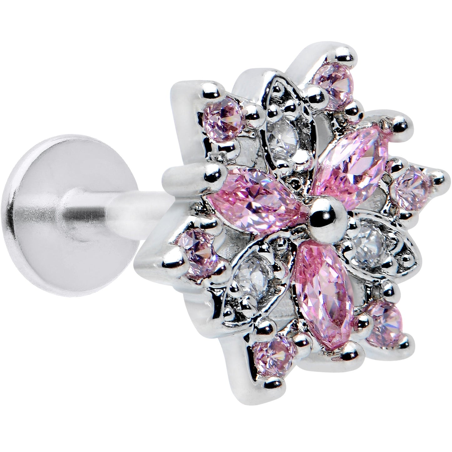 16G 5/16 Pink Clear CZ Gem Snowflake Labret Monroe Tragus