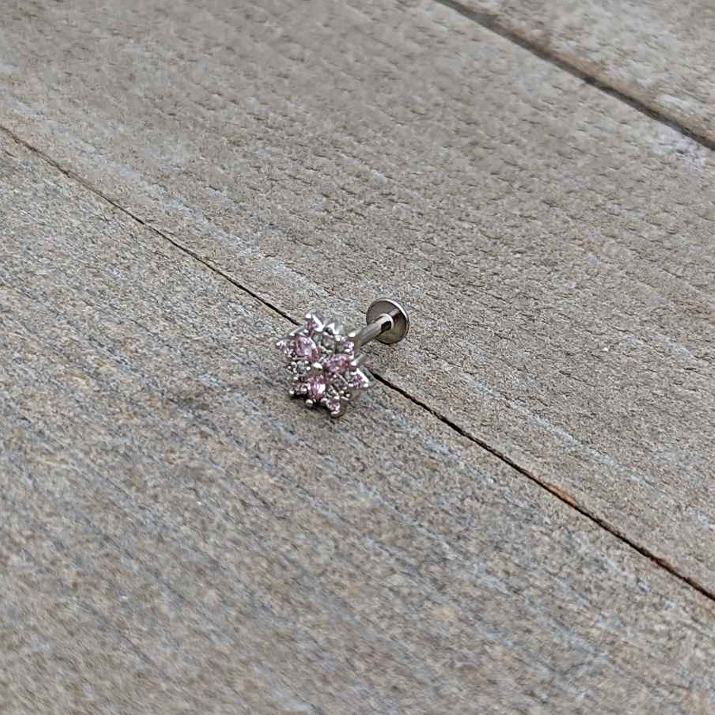 16G 5/16 Pink Clear CZ Gem Snowflake Labret Monroe Tragus
