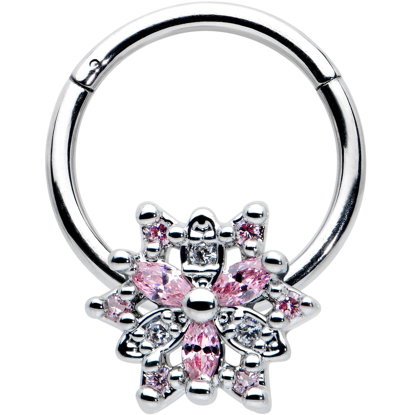 16G 3/8 Clear Pink CZ Gem Snowflake Hinged Circular Ring