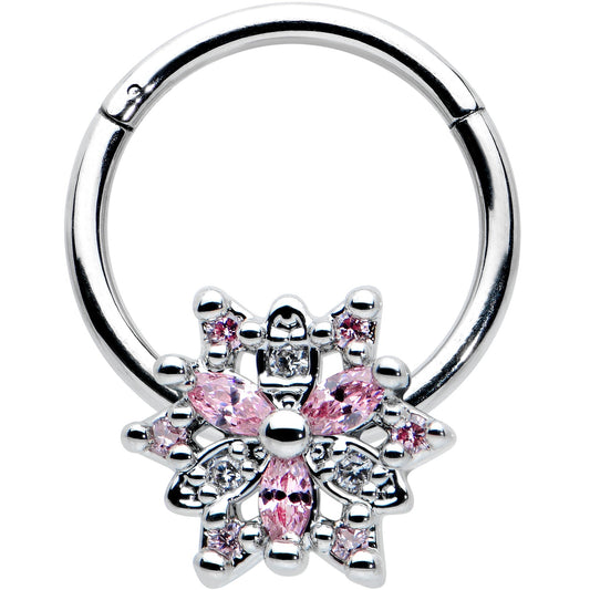 16G 3/8 Clear Pink CZ Gem Snowflake Hinged Circular Ring