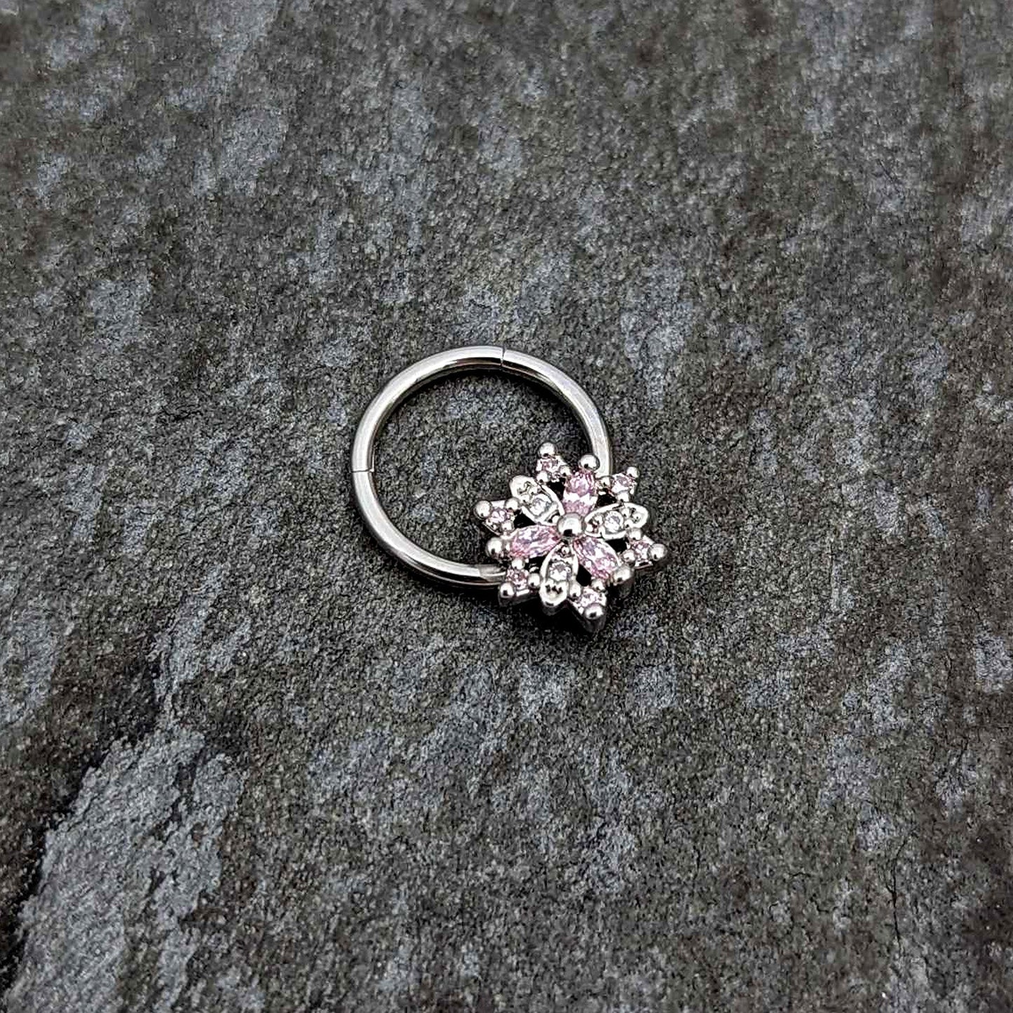 16G 3/8 Clear Pink CZ Gem Snowflake Hinged Circular Ring