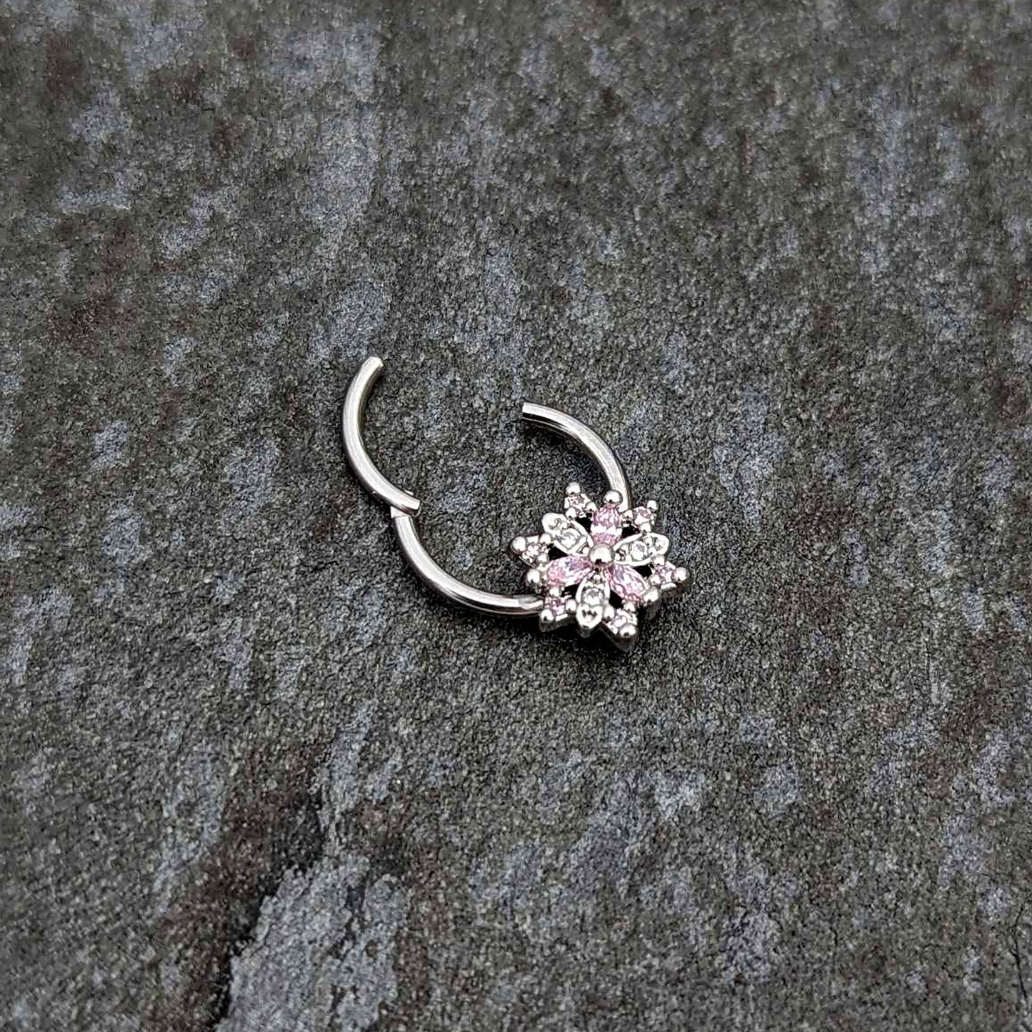 16G 3/8 Clear Pink CZ Gem Snowflake Hinged Circular Ring